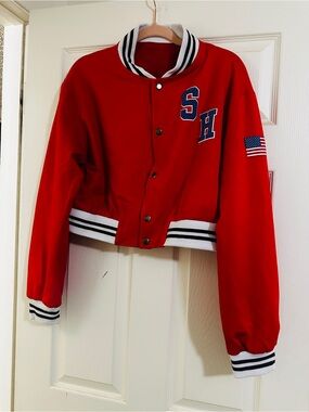 NWOT Red Bomber Varsity Jacket with Striped Trim